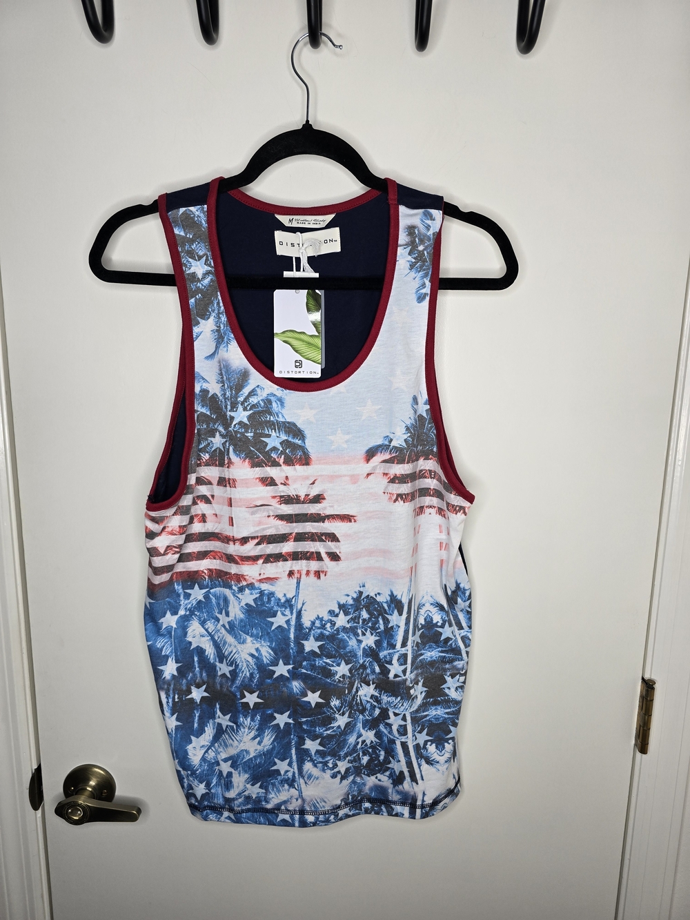 Distortion  Blue Palm-Print Men's Tank Top - Red Trim